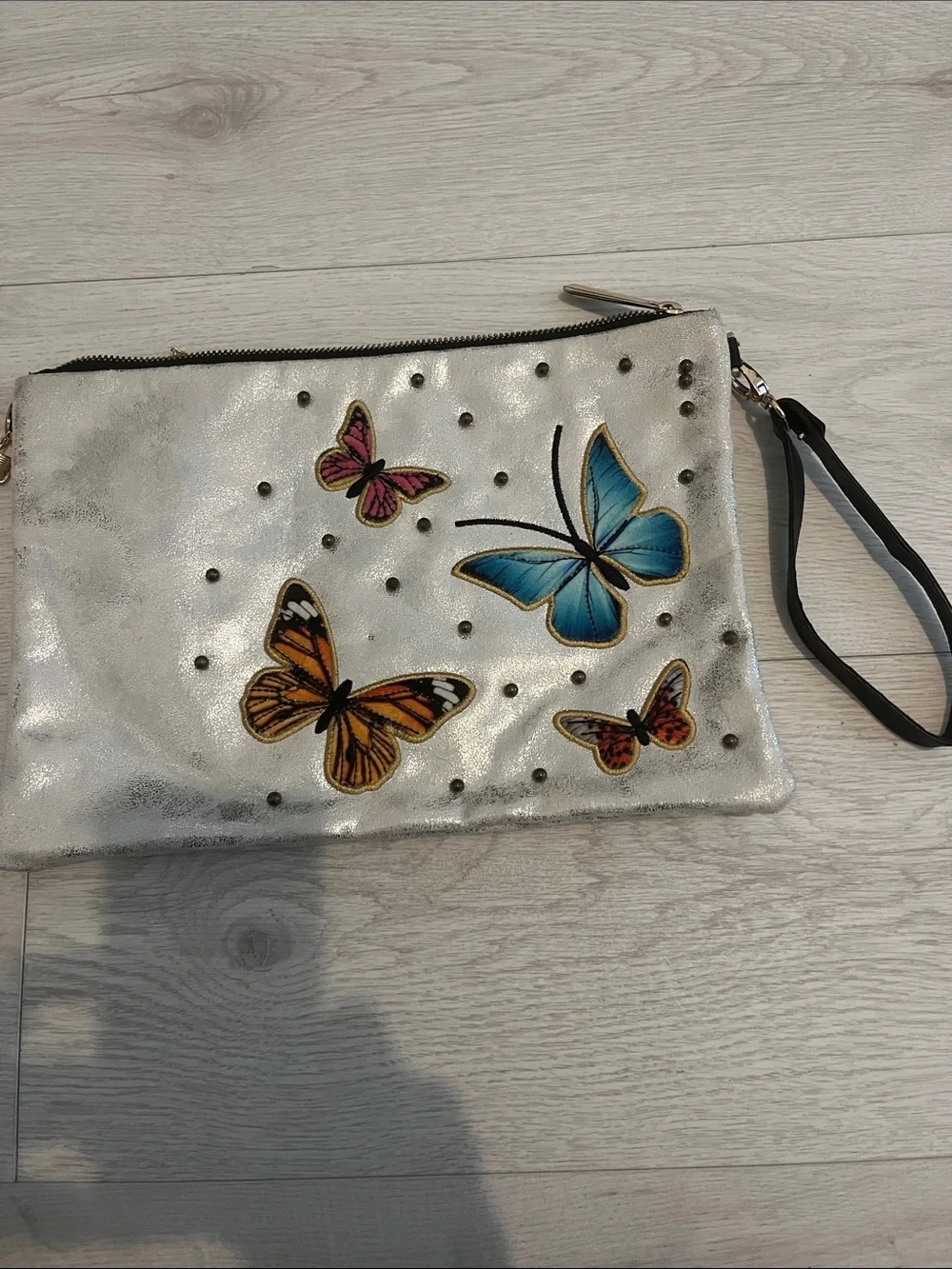 Butterfly Embroidered Silver Wristlet Pouch